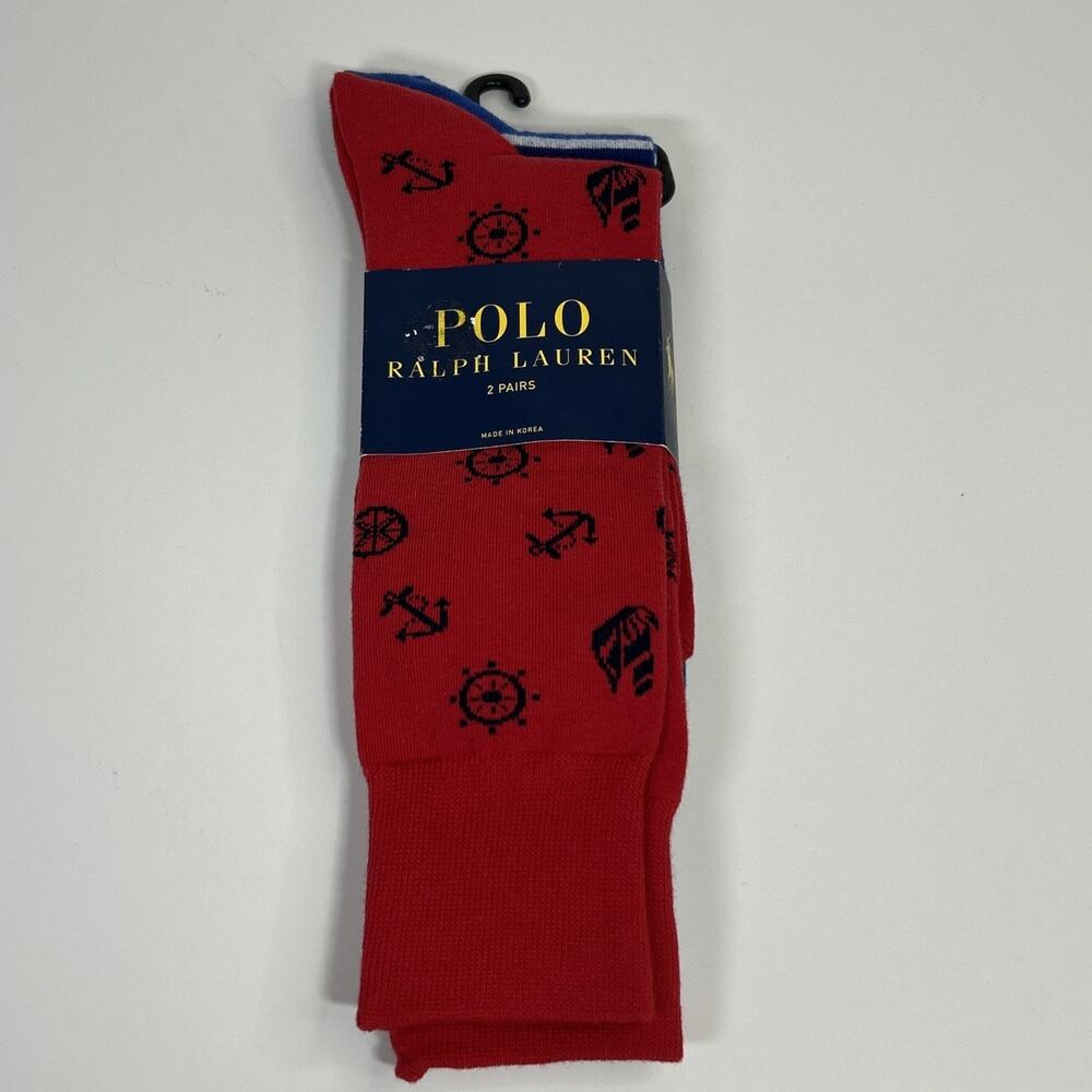 Polo Ralph Lauren Men's 2 Pack Socks 10-13 Nautical Sailboat Anchor Red Blue New